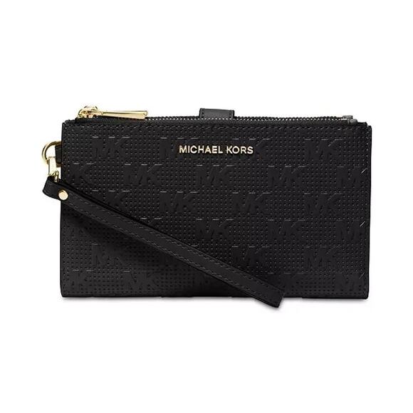 Michael Kors Signature Jet Set Double Zip Embossed Black Wristlet Wallet - Picture 1 of 8